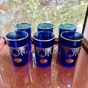 Vintage Cobalt Blue Silver Overlay Tumblers Set of 6 Platinum Rim Barware NOS
